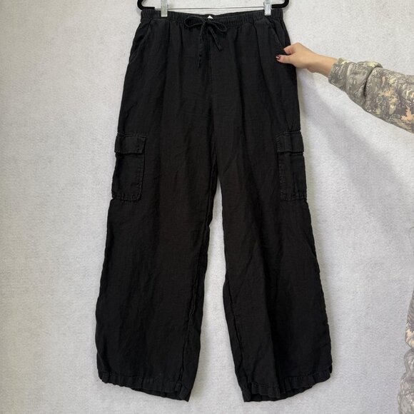 Caslon Linen Cargo Pants Womens Medium Black Drawstring Elastic Waist Pockets - Picture 5 of 10